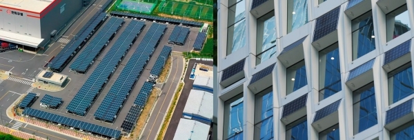 ▲한화큐셀 진천공장 주차장(왼쪽)과 장교동 한화빌딩(오른쪽)에 설치된 대표적 분산에너지 자원인 태양광 발전소(사진=한화큐셀)
